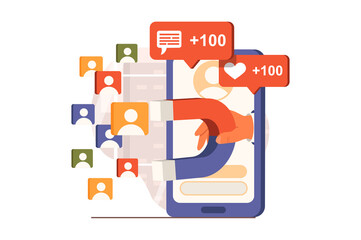 Fototapeta premium Marketing web concept in flat design. Human hand holding magnet and attracting new clients in social media. Digital marketing and promotion in mobile application. Vector illustration with people scene