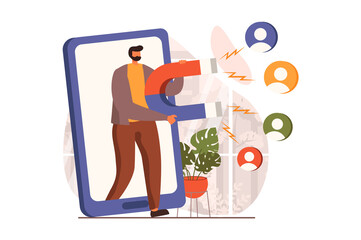 Marketing web concept in flat design. Man holding huge magnet, making advertising and attracting clients from social media. Promotion management services. Vector illustration with people scene