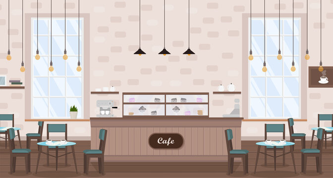 cafe interior with tables, coffee machine, window and bar counter
