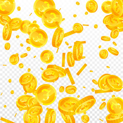 British pound coins falling. Dramatic scattered GBP coins. United Kingdom money. Curious jackpot, wealth or success concept. Vector illustration.