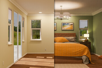 Side By Side Before and After of Empty Room and Fully Furnished Room.