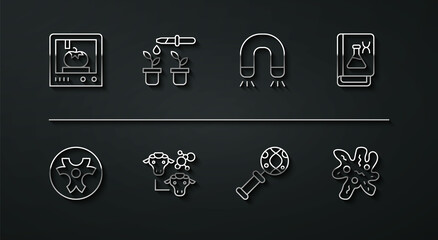 Set line 3D printing technology, Biohazard symbol, Genetic engineering book, DNA research, search, Cloning, Pipette and plant, Cell and Magnet icon. Vector