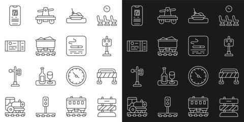 Set line End of railway tracks, Road barrier, Train traffic light, Plate with food, Coal train wagon, ticket, E-ticket and Smoking area icon. Vector