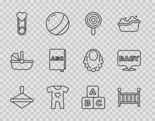 Set line Whirligig toy, Baby crib cradle, Lollipop, clothes, pin, ABC book, blocks and icon. Vector