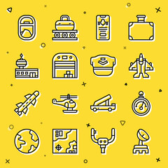 Set line Radar, Barometer, Jet fighter, Mobile with ticket, Aircraft hangar, Airport control tower, Airplane window and Pilot hat icon. Vector