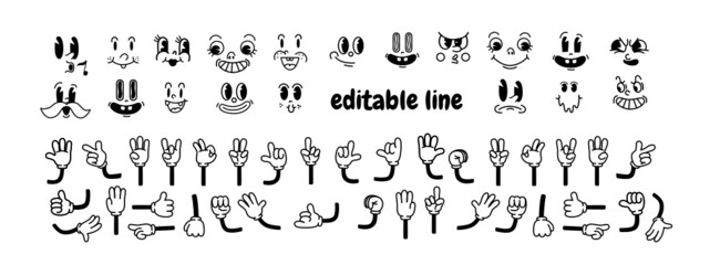 Vintage cartoon hands in gloves and faces. Cute animation character body parts. Comics arm gestures . Different movements and positions! vector set.