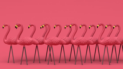 3D Illustration of aFlock of Plastic Pink Flamingos Tropical Yard Ornament Isolated on Pink Background © Jon Buckley