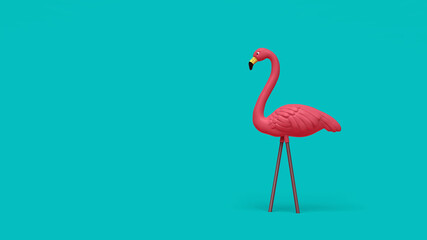 3D Illustration of Single Plastic Pink Flamingo Tropical Yard Ornament Isolated on Teal Blue Green Background  © Jon Buckley