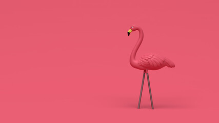 3D Illustration of Single Plastic Pink Flamingo Tropical Yard Ornament Isolated on Pink Background