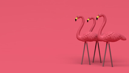 3D Illustration of Three Plastic Pink Flamingos Tropical Yard Ornament Isolated on Pink Background