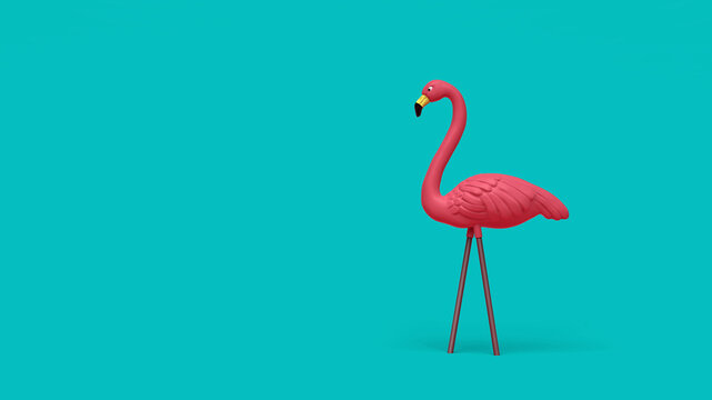 3D Illustration of Single Plastic Pink Flamingo Tropical Yard Ornament Isolated on Teal Blue Green Background
