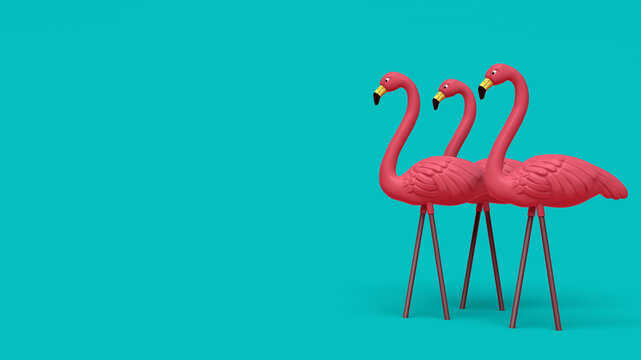3D Illustration of Three Plastic Pink Flamingos Tropical Yard Ornament Isolated on Teal Blue Green Background
