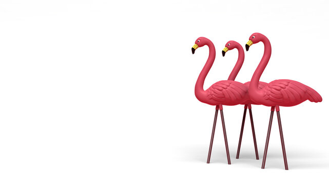 3D Illustration of Three Plastic Pink Flamingos Tropical Yard Ornament Isolated on White Background