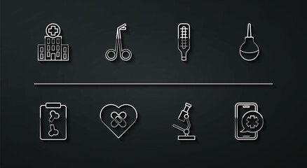 Set line Medical hospital building, X-ray shots, Enema, Microscope, Healed broken heart, scissors, Emergency phone call and thermometer icon. Vector