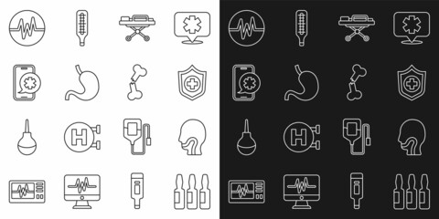 Set line Medical vial, ampoule, Sore throat, Life insurance in hand, Stretcher, Human stomach, Emergency phone call, Heart rate and broken bone icon. Vector