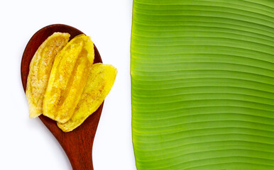 Banana slice chips on white background