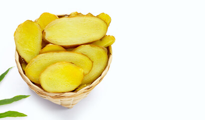 Ginger slices on a white background.