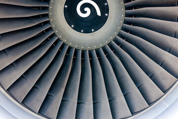 Aircraft jet engine with turbine blades.