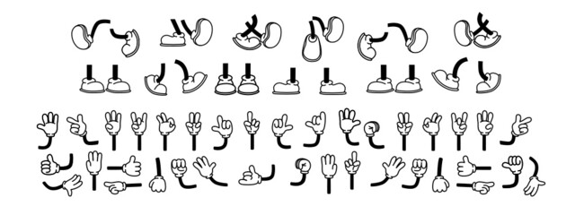 Vintage cartoon hands in gloves and feet in shoes. Cute animation character body parts. Comics arm gestures and walking leg poses vector set. Different foot movements and positions - obrazy, fototapety, plakaty