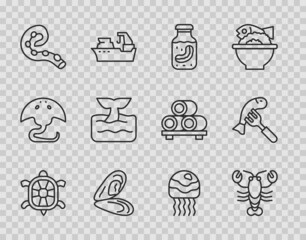 Set line Turtle, Lobster, Sea cucumber in jar, Mussel, Octopus of tentacle, Whale tail ocean wave, Jellyfish and Served on plate icon. Vector