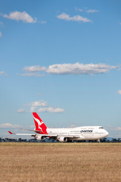 Melbourne, Australia - January 16, 2015: Qantas Boeing 747-438ER VH-OEE lining up on the runway at Melbourne International airport.