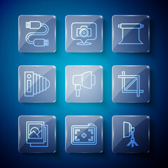 Set line Photo frame, camera, Softbox light, Empty photo studio, USB cable cord and Picture crop icon. Vector