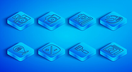 Obraz premium Set line Photo camera with flash, Exposure compensation, Action, Camera timer, and frame icon. Vector