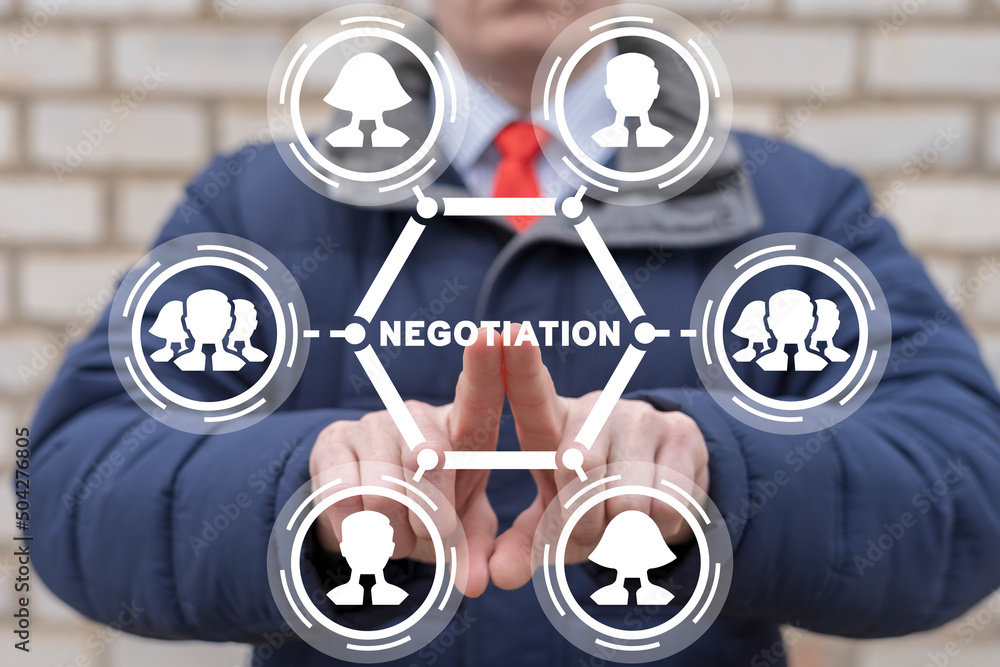 Poster negotiation and communication business concept. businessman using virtual touchscreen push negotiati