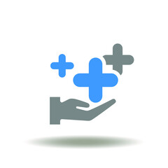 Vector illustration of hand with plus sign. Icon of employee benefits. Symbol of worker perks and bonuses.