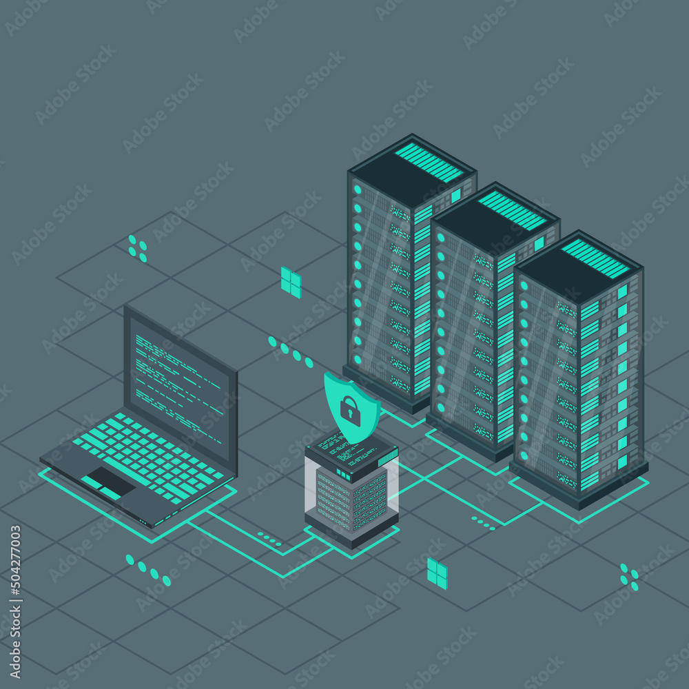 Poster technology isometric design for quantum computer. blockchain server concept. server room. storage da