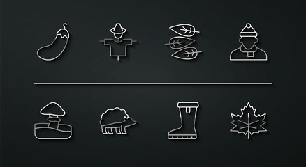 Set line Eggplant, Mushroom, Autumn clothes, Waterproof rubber boot, Hedgehog, Scarecrow, Leaf or leaves and icon. Vector