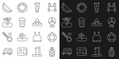 Set line Pineapple, Lifebuoy, Electric fan, Sunscreen cream tube, Wooden beer mug, Tropical palm tree, Watermelon and Tourist tent icon. Vector