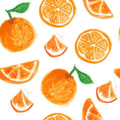Orange fruit hand paint vector illustration, seamless pattern, watercolor splashes, isolated background. Citrus. Vegetarian eco food organic product. Menu print design, wrapping paper. Hello summer. - 504277273