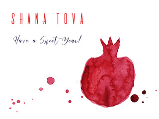 Pomegranate watercolor half sliced fruit botanical hand drawn vector illustration background. Sweet and happy Rosh Hashanah card. Shana tova, have a sweet year. For recipe book, floral menu cover. - 504277280