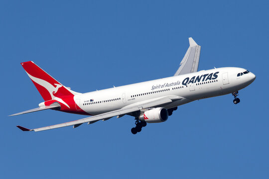 Melbourne, Australia - September 23, 2013: Airbus A330 airliner operated by Australian Airline Qantas on approach to land at Melbourne Airport.