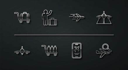 Set line Trolley baggage, Plane, Mobile with ticket, Tourist suitcase, Airplane search and icon. Vector
