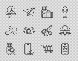 Set line Lost baggage, Mobile with ticket, Suitcase, No cell phone, Flight time, Conveyor belt suitcase, Trolley and Globe flying plane icon. Vector