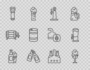 Set line Beer bottle and glass, Glass of beer, tap, Bottle opener, Metal keg, Pack bottles and icon. Vector