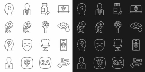 Set line Solution to the problem, Psychologist online, Tear cry eye, Sedative pills, Broken heart or divorce, Head with, and icon. Vector