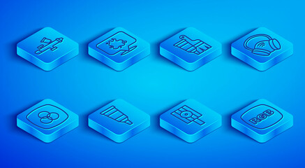 Set line Paint spray gun, Tube with paint and brush, palette, Spray can nozzle cap, Gas mask, RGB CMYK color mixing and icon. Vector