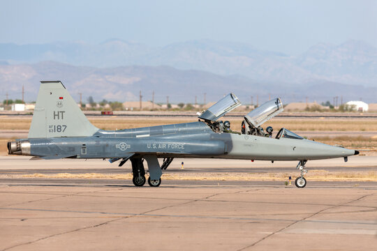 Phoenix, Arizona, USA - May 13, 2013: United States Air Force (USAF) Northrop T-38 Talon jet trainer aircraft from Holloman Air Force Base at Phoenix-Mesa Gateway airport in Arizona.