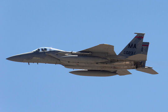 Nellis Air Force Base, Nevada, USA - May 7, 2013: United States Air Force McDonnell Douglas F-15C from the 131 Fighter Squadron, Massachusetts ANG based at Barnes Air National Guard Base.