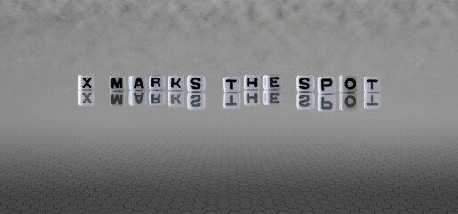 x marks the spot word or concept represented by black and white letter cubes on a grey horizon...