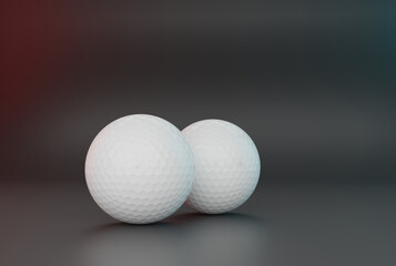Golf balls on a gray background. Golf and sports concept. A couple of golf balls. 3D render, 3D illustration.