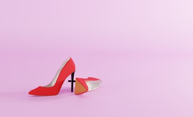 Red high heels on a pink background. Concept of women using high heels. Modern woman, businesswoman. 3D render, 3D illustration.