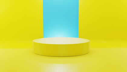 Cylinder shape of product display concept, gold and blue color, Pedestal, Podium, Stand. Abstract shapes mockup concept. 3D render, 3D illustration.