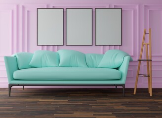 Classic pastel pink wall with sofa and empty frames, empty interior with wall panels and a light, reflective floor. Modern minimalist interior with panels on the wall. 3D render, 3D illustration.