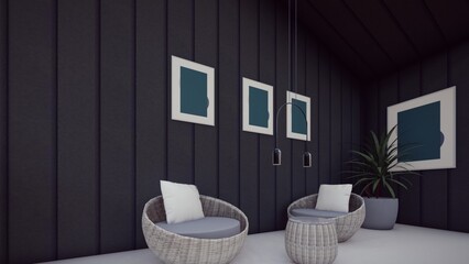 lounge terrace with blank frames and concrete floor 3d illustration