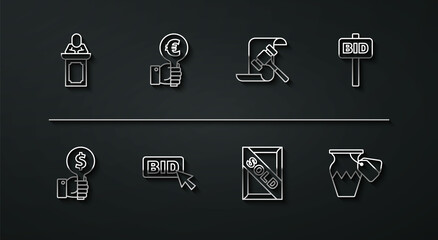 Set line Auction auctioneer sells, Hand holding paddle, painting sold, Bid, ancient vase and hammer icon. Vector