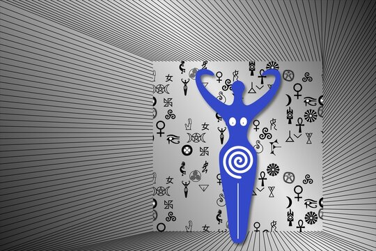 Illustration of an ancient fertility symbol - a blue woman in a box - surrounded by fertility symbols.